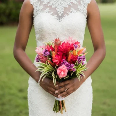 bridal blooms with coral tropical flowers pink blossoms purple accents orange details and variegated greenery for a colorful wedding