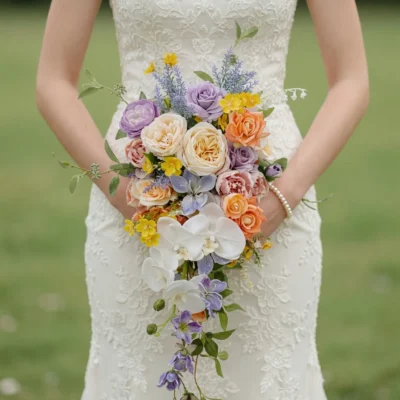 bridal blooms with lavender roses peach flowers yellow accents white orchids and cascading greenery for a colorful garden wedding