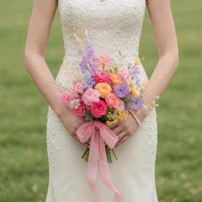 bridal blooms with pink roses peach flowers lavender blossoms yellow accents and a soft pink ribbon for a romantic garden wedding