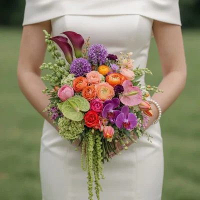 bridal blooms with coral ranunculus purple orchids burgundy calla lilies pink anthurium and cascading green amaranthus