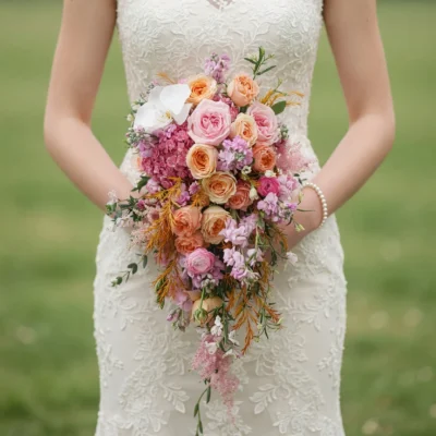 bridal blooms with apricot roses blush flowers white orchid mauve accents and warm cascading foliage for a romantic garden wedding