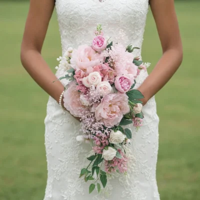 bridal bouquet cost inspiration with blush peonies ivory roses soft pink flowers and elegant cascading greenery for a garden wedding