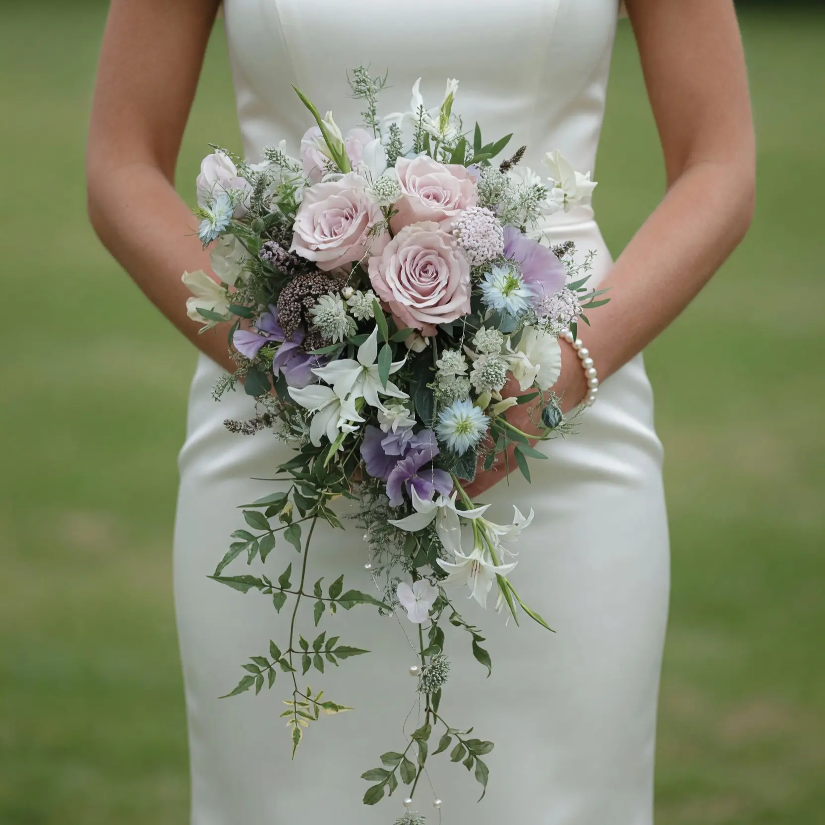 bridal flowers bouquets with dusty lilac roses ivory flowers pale blue accents and trailing greenery for an elegant garden wedding
