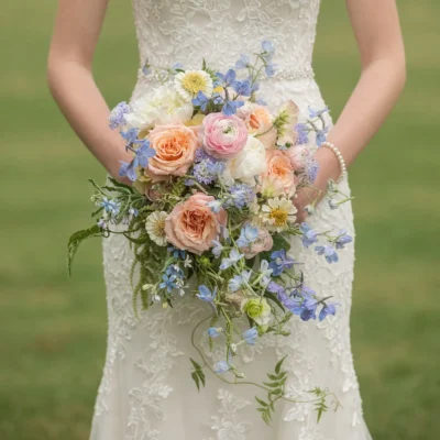 bridal flowers bouquets with peach roses powder blue blossoms ivory flowers daisies and trailing greenery for a romantic garden wedding
