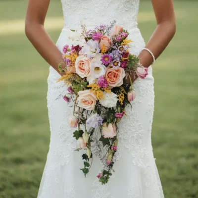 bridal flowers bouquets with apricot roses magenta flowers ivory blooms golden accents and trailing vines for a romantic garden wedding