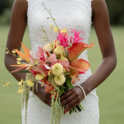 florist styles with coral calla lilies pink orchids yellow tropical flowers and trailing greenery for a modern bridal bouquet