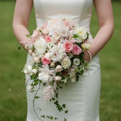 wedding flowers vancouver bc inspiration with blush roses ivory peonies pink astilbe and trailing ivy for a romantic garden bride