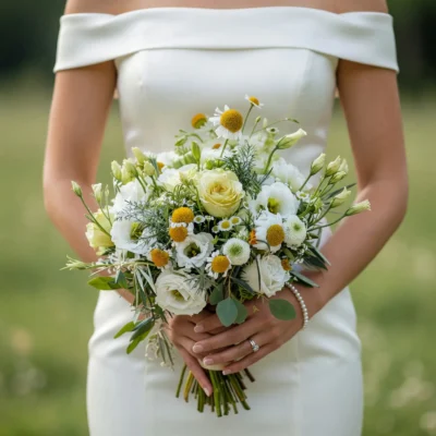 bridal blooms with ivory roses white lisianthus golden chamomile eucalyptus and meadow greenery for a fresh garden wedding bouquet