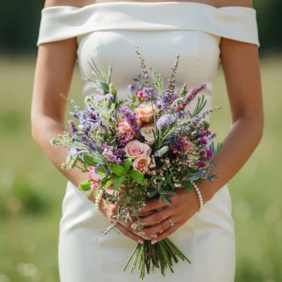 florist styles with lavender flowers blush roses violet meadow blooms silver foliage and greenery for a romantic garden bridal bouquet