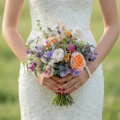 boho style flowers with peach roses lavender blooms blue thistle accents ivory wildflowers and greenery for a romantic bridal bouquet