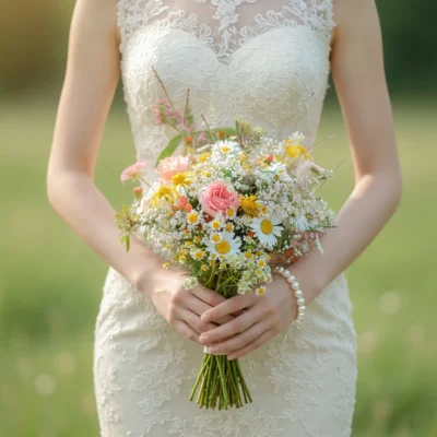 boho style flowers with white daisies peach roses golden wildflowers tiny ivory blossoms and fresh greenery for a romantic bridal bouquet