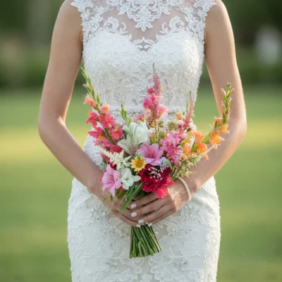 popular wedding bouquets with coral flower spires pink blossoms ivory flowers yellow accents and greenery for a colorful garden bride