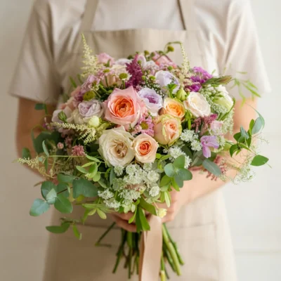 wedding flowers vancouver bc with peach roses ivory blooms lavender accents eucalyptus and airy garden greenery for a romantic bridal bouquet