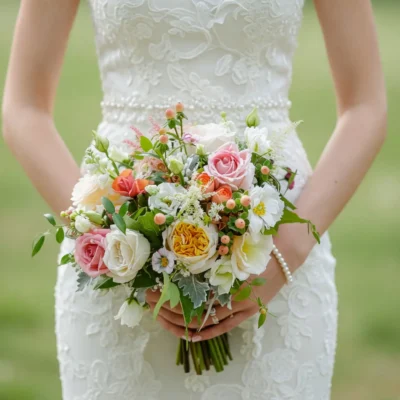 popular wedding bouquets with blush roses ivory flowers peach berries golden accents and fresh greenery for a romantic garden bridal bouquet
