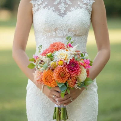 bridal flowers bouquets with coral dahlias ivory blooms raspberry flowers golden accents and fresh greenery for a colorful garden wedding
