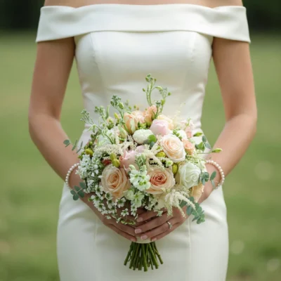 boho style flowers with champagne roses ivory blossoms soft peach flowers eucalyptus and airy greenery for a romantic bridal bouquet