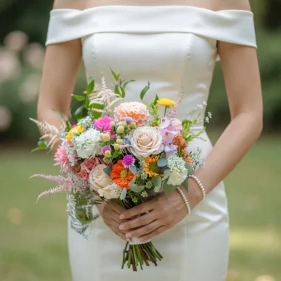 Garden Style Wedding Bouquets Citrus Blush combines peach and champagne roses, coral and orange flowers, creamy ivory blooms, golden accents, pink astilbe, pale berries, and fresh greenery. Its cheerful hand-gathered design is ideal for garden, estate, vineyard, spring, summer, and early-autumn weddings.