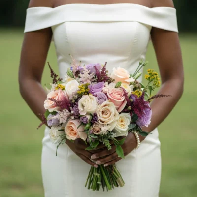 bridal flowers bouquets with ivory roses mauve flowers blush peach blooms berry astilbe golden accents and garden greenery