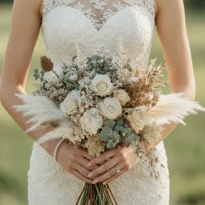 Boho style flowers bridal bouquet with ivory roses, eucalyptus, white pampas grass, dried foliage, and soft neutral blooms held by a bride in a lace wedding dress.