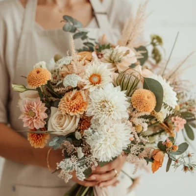 Boho bridal flowers bouquets with ivory dahlias, apricot pompon blooms, blush flowers, eucalyptus, and airy dried textures in warm neutral tones.