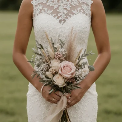 Boho style flowers bridal bouquet with blush and ivory roses, wheat stems, pampas grass, baby's breath, and muted olive greenery held by a bride.