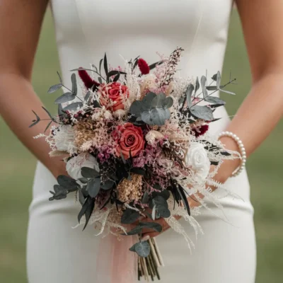 Boho bridal blooms bouquet with dusty rose and ivory roses, eucalyptus, burgundy accents, pale dried ferns, and romantic preserved flowers.
