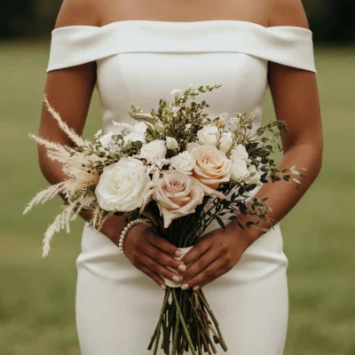Boho bridal flowers bouquets with ivory and blush roses, delicate white flowers, airy greenery, and soft beige grasses held by a bride.