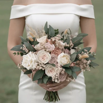 Boho bridal flowers bouquets with ivory, blush and taupe roses, eucalyptus greenery, delicate filler flowers, and soft beige grasses held by a bride.