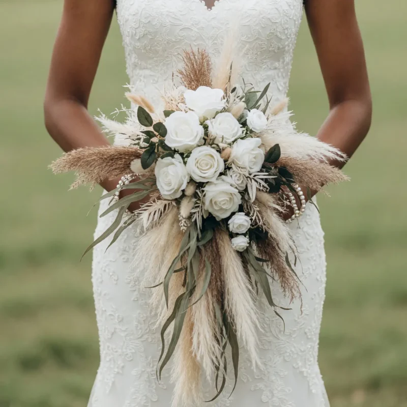 Boho Wedding Bouquets Ivory Pampas Cascade