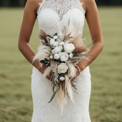 Boho bridal blooms bouquet with ivory roses, cream pampas grass, beige dried foliage, muted eucalyptus greenery, and an elegant cascading shape.