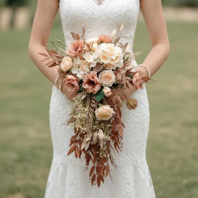 Boho bridal blooms bouquet with peach roses, ivory hydrangea, rust foliage, dried ferns, and cascading warm botanical textures held by a bride.