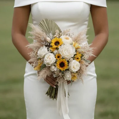 Popular wedding bouquets in boho style with golden sunflowers, ivory roses, cream blooms, pampas grass, dried flowers, and a preserved palm leaf.