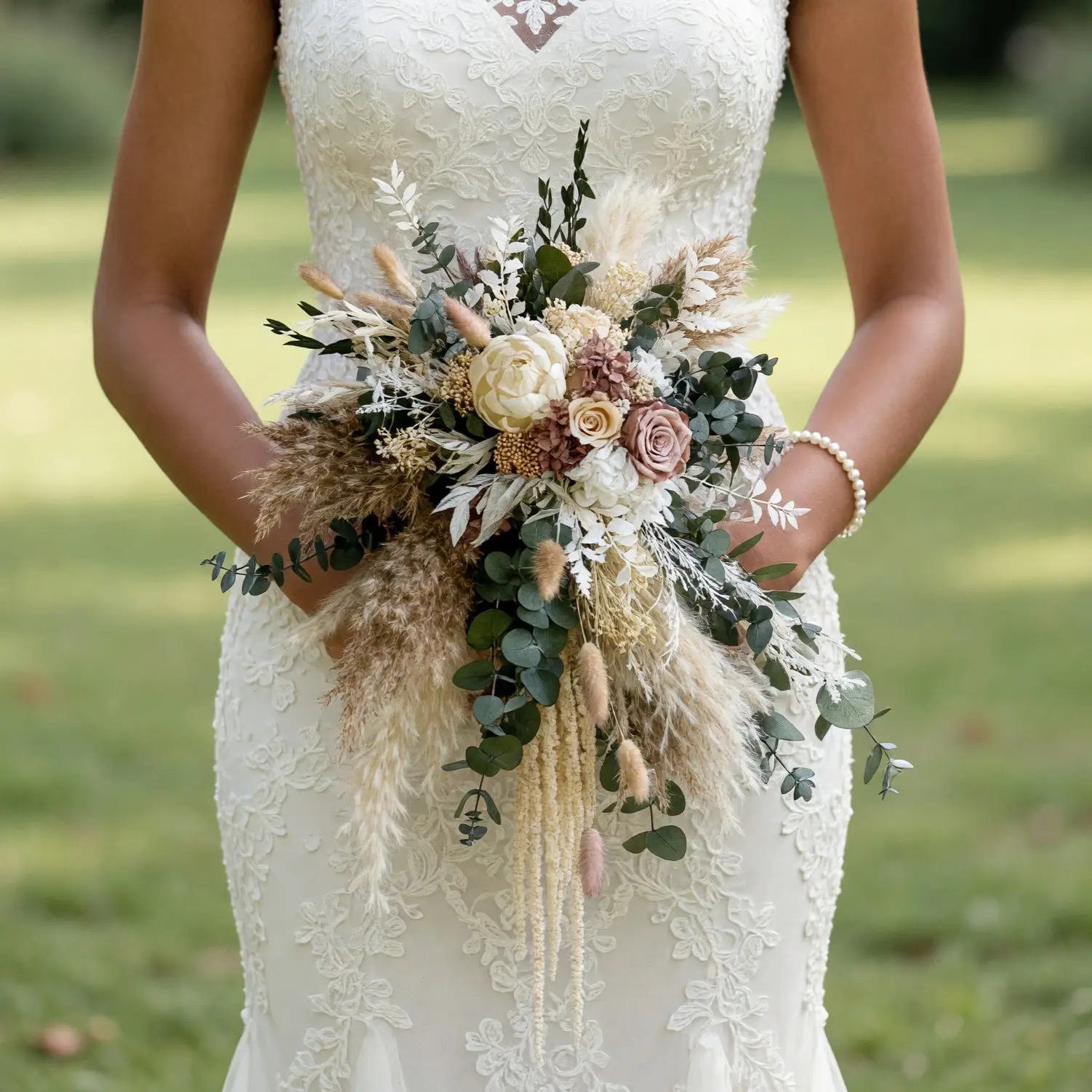 Boho Wedding Bouquets Pampas Rose Cascade
