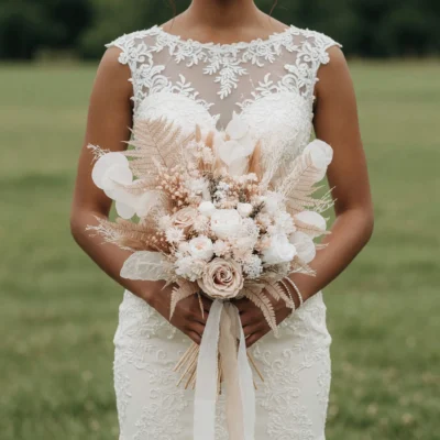 How much are wedding bouquets inspiration with ivory roses, champagne flowers, pale fern leaves, dried botanicals, and soft boho textures