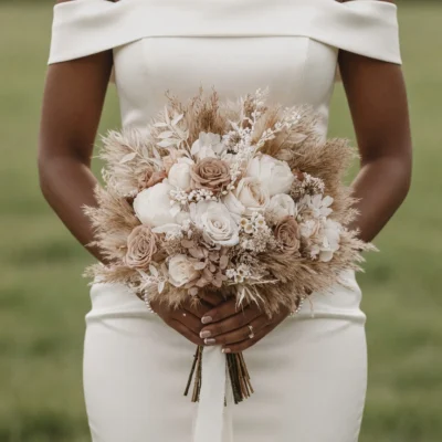 Average cost of bridal bouquet inspiration with blush roses, ivory flowers, dusty pink blooms, dried grasses, and romantic boho textures