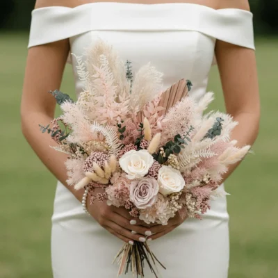 Bride flower bouquet prices inspiration with ivory roses, blush foliage, eucalyptus, dried grasses, and romantic boho bridal flowers