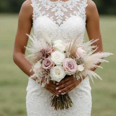 Wedding flowers bridal bouquet prices inspiration with ivory roses, dusty pink blooms, pampas grass, and soft neutral boho textures