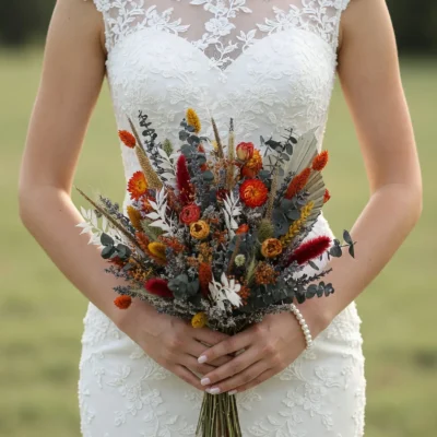 How much do wedding flowers cost inspiration with orange bridal flowers, eucalyptus, burgundy accents, golden grasses, and autumn boho textures