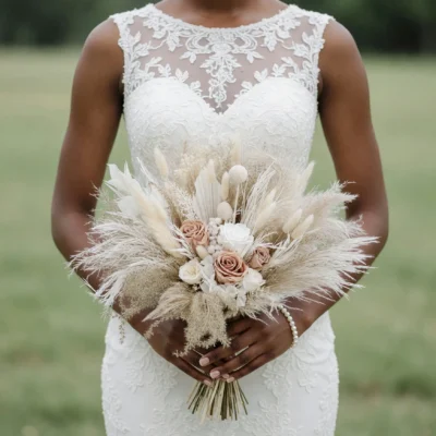 How much is a bridal bouquet inspiration with champagne roses, ivory pampas grass, dried botanicals, and soft neutral boho textures