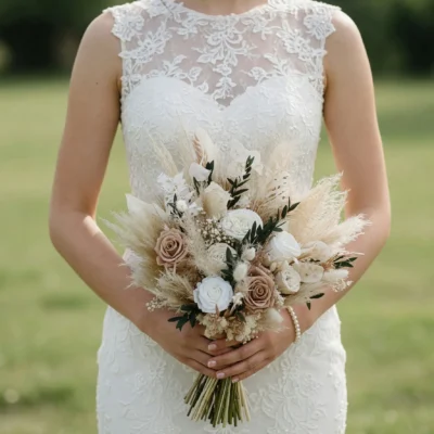 Average cost of wedding flowers inspiration with ivory roses, champagne blooms, pampas grass, dark greenery, and soft boho bridal textures