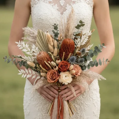 Average cost of flowers for a wedding inspiration with terracotta roses, banksia blooms, eucalyptus, pampas, and boho bridal textures