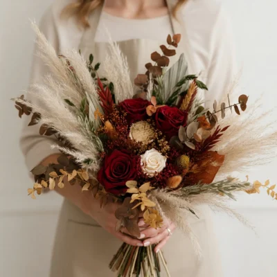 Wedding florist cost average inspiration with burgundy roses, ivory pampas grass, eucalyptus, rust foliage, and autumn boho bridal flowers