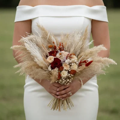 Wedding flowers prices inspiration with burgundy roses, ivory blooms, rust botanical accents, and soft pampas grass in a boho bridal bouquet