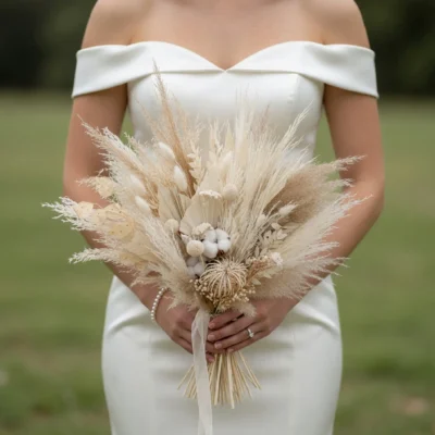 Bridal flowers cost inspiration with ivory cotton, pampas grass, dried palms, seed heads, and soft neutral boho bridal textures