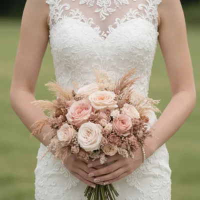 Average cost of bridal bouquet inspiration with blush roses, ivory flowers, dusty pink blooms, dried grasses, and romantic boho textures