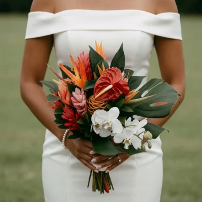 bridal blooms with white orchids red anthurium orange bird of paradise coral ginger and sculptural monstera leaves for a tropical wedding