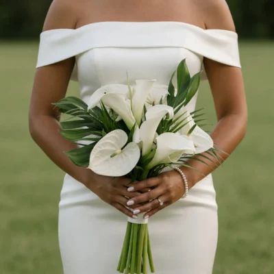 florist styles with white calla lilies ivory anthurium palm foliage and sculptural tropical greenery for an elegant bridal bouquet
