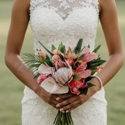 popular wedding bouquets with blush king protea pink anthurium coral roses orchids pincushion flowers palm leaves and tropical greenery