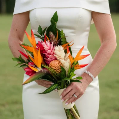 florist styles with orange heliconia pink ginger ivory tropical flowers golden accents fern and glossy green foliage for a bridal bouquet