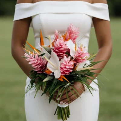 wedding flowers vancouver bc tropical bridal bouquet with pink ginger white anthurium orange bird of paradise fern and flowing green foliage
